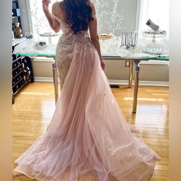 Portia & Scarlett Pink Sequined Long Gown with Side Train - Picture 5 of 5